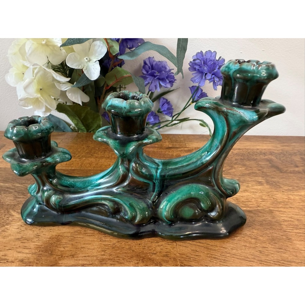 Vintage Blue Mountain Pottery Triple Candle Holder Green Drip Glaze‎ Retro Decor